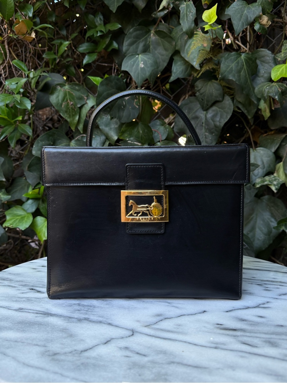 Vintage Celine Black Leather Top Handle Carrying Case w/ Gold Horse Plaque Lock